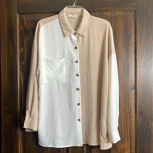 Anna-Kaci Button Down Long Sleeve Beige & White Color Block Top Size L